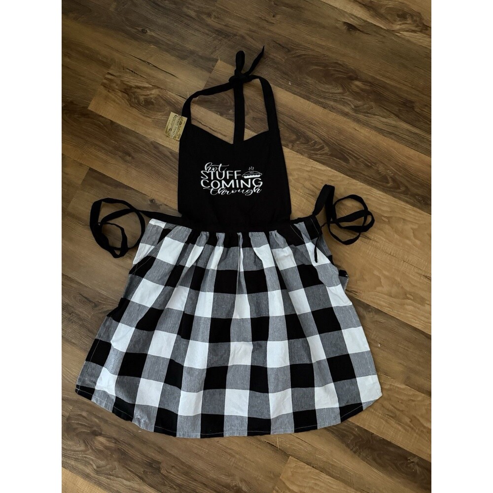 Robert Stanley Black & White Buffalo Plaid Apron Custom “Hot Stuff” NWT Pockets